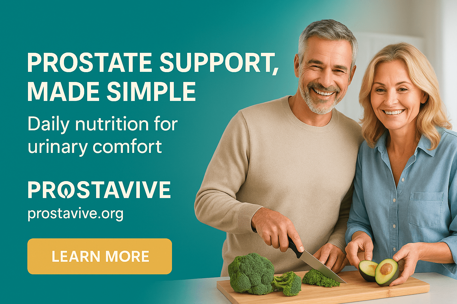 Middle-aged couple cooking with broccoli and avocado